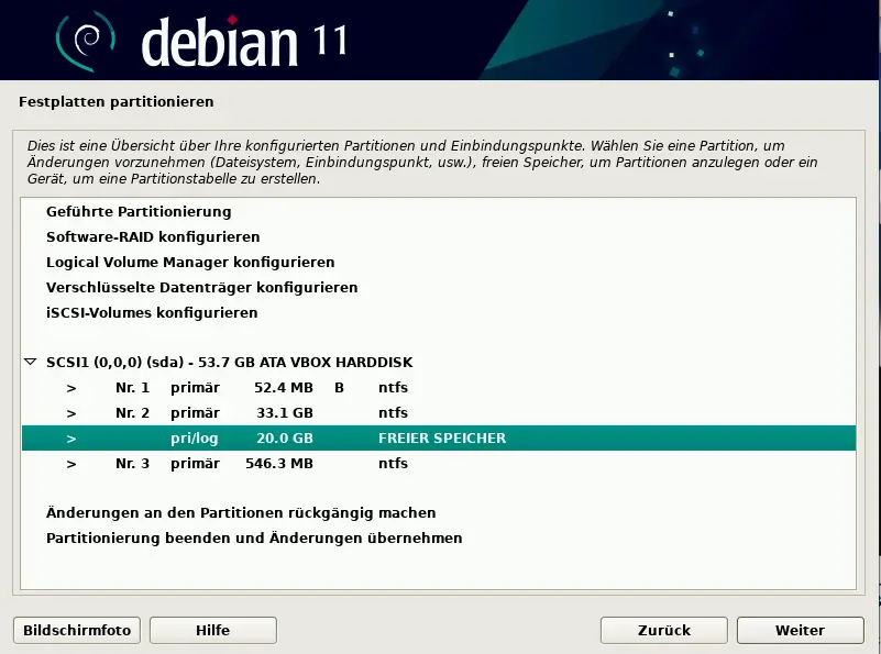 Bild: Partitionen und freier Speicher.