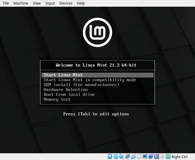 Bild: Linux Mint beim Start vom Boot Medium.
