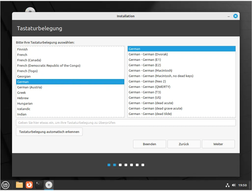 Bild: Auswahl möglicher Tastaturbelegungen.