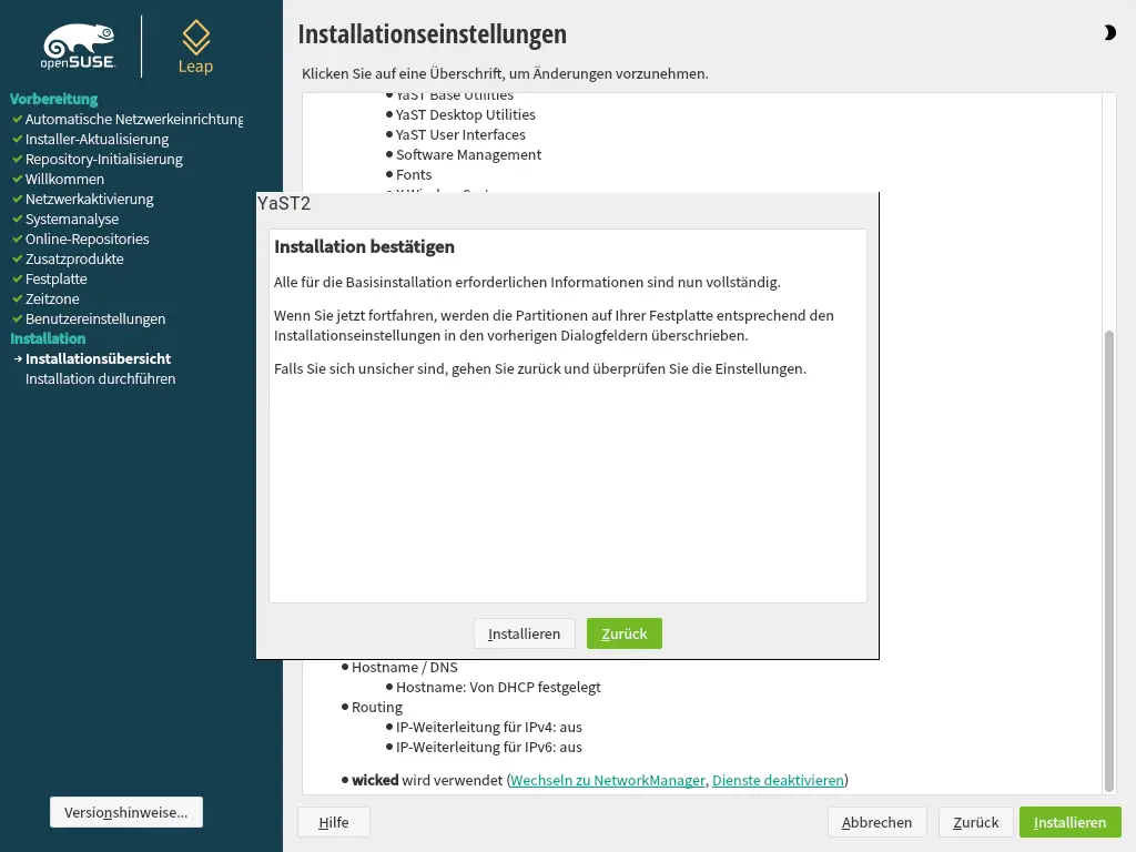 Bild: Abfragebox mit Bestätigung der Installation