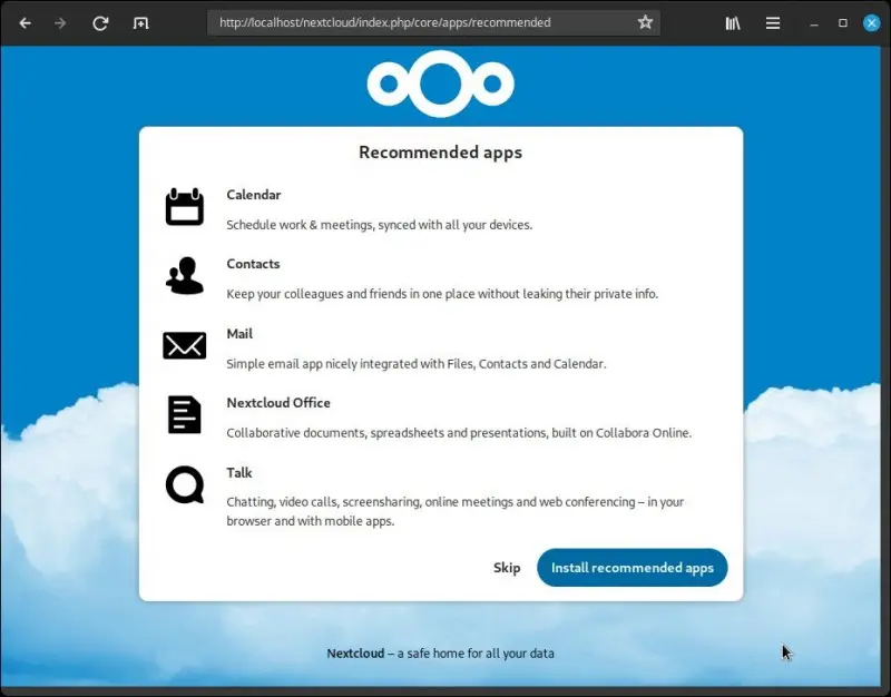 Bild: Vor dem Nextcloud Hintergrund eine Liste von Apps und Abfrage: Apss installieren?.