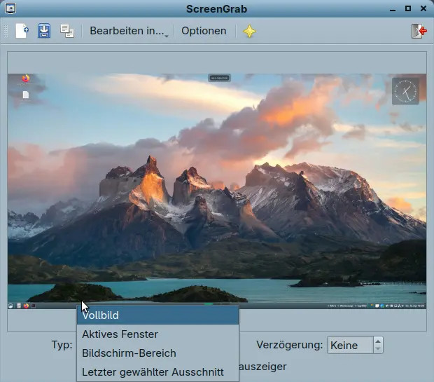 Bild: LXQt Screengrab zentraler Dialog mit aufgeklapptem DropDown für Aufnahmetyp. Mauszeiger aufnehmenn ist verdeckt.