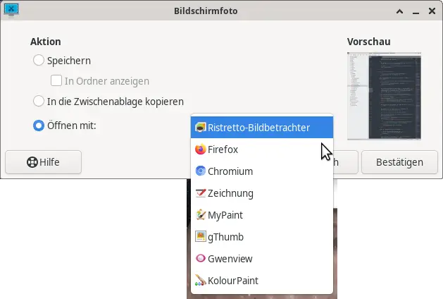 Bild: Xfce Screenshooter mit Auswahlliste von Anwendungen zur weiteren Bearbeitung.