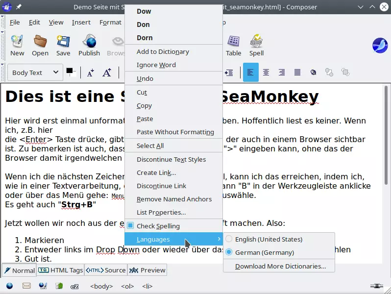 Screenshot SeaMonkey: Arbeiten mit der
Rechtschreibprüfung