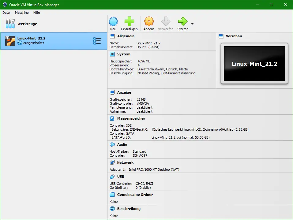 Bild: VirtualBox GUI mit neuer VM auf der linken Seite.