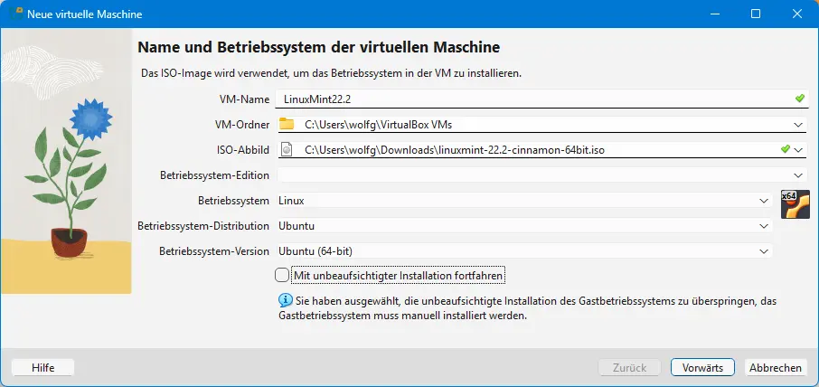 Bild: Erste Eingabeseite ausgefüllt für linuxmint-22. Unbeaufsichtigt abgewählt.